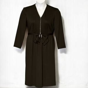 Vintage 70s Caron Petite Black Rhinestone Cocktail Dress 10P Bow Belt Retro Midi